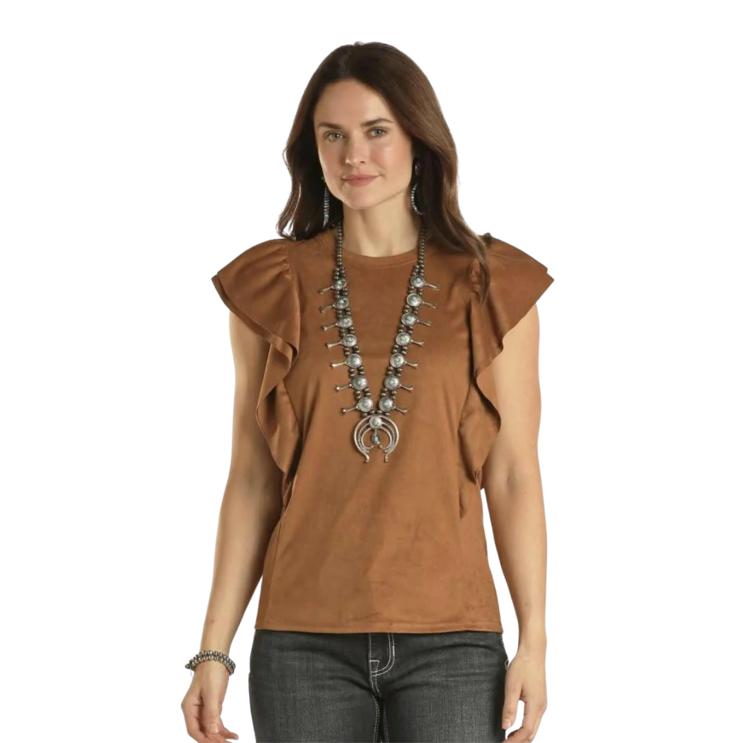 Panhandle Women's Microsuede Flutter Top Brown Blouse