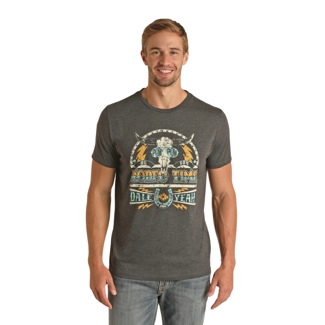 Rock & Roll Men's Rodeo Time Graphic Grey Tee Shirt