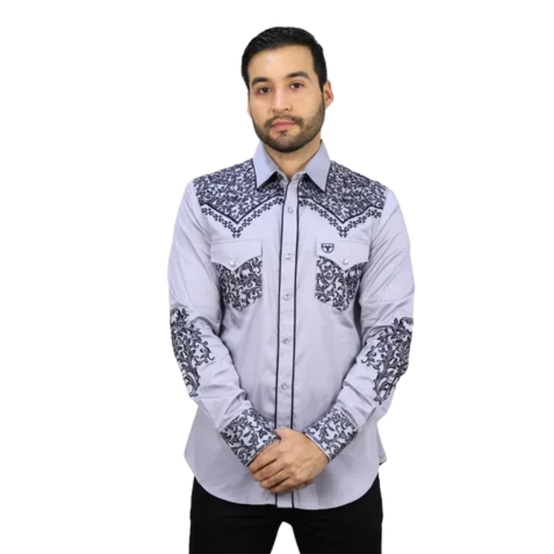 Platini Men's Embroidery Modern Fit Grey Shirt