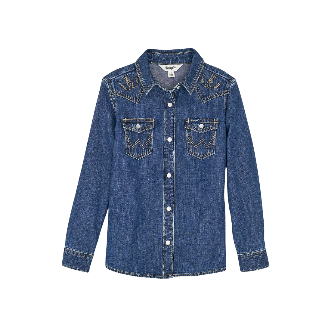 Wrangler Youth Girl's Embroidered Western Dark Denim Shirt
