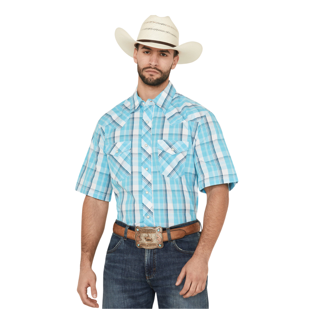 Wrangler Men's Plaid Print Snap Stretch Turquoise Shirt