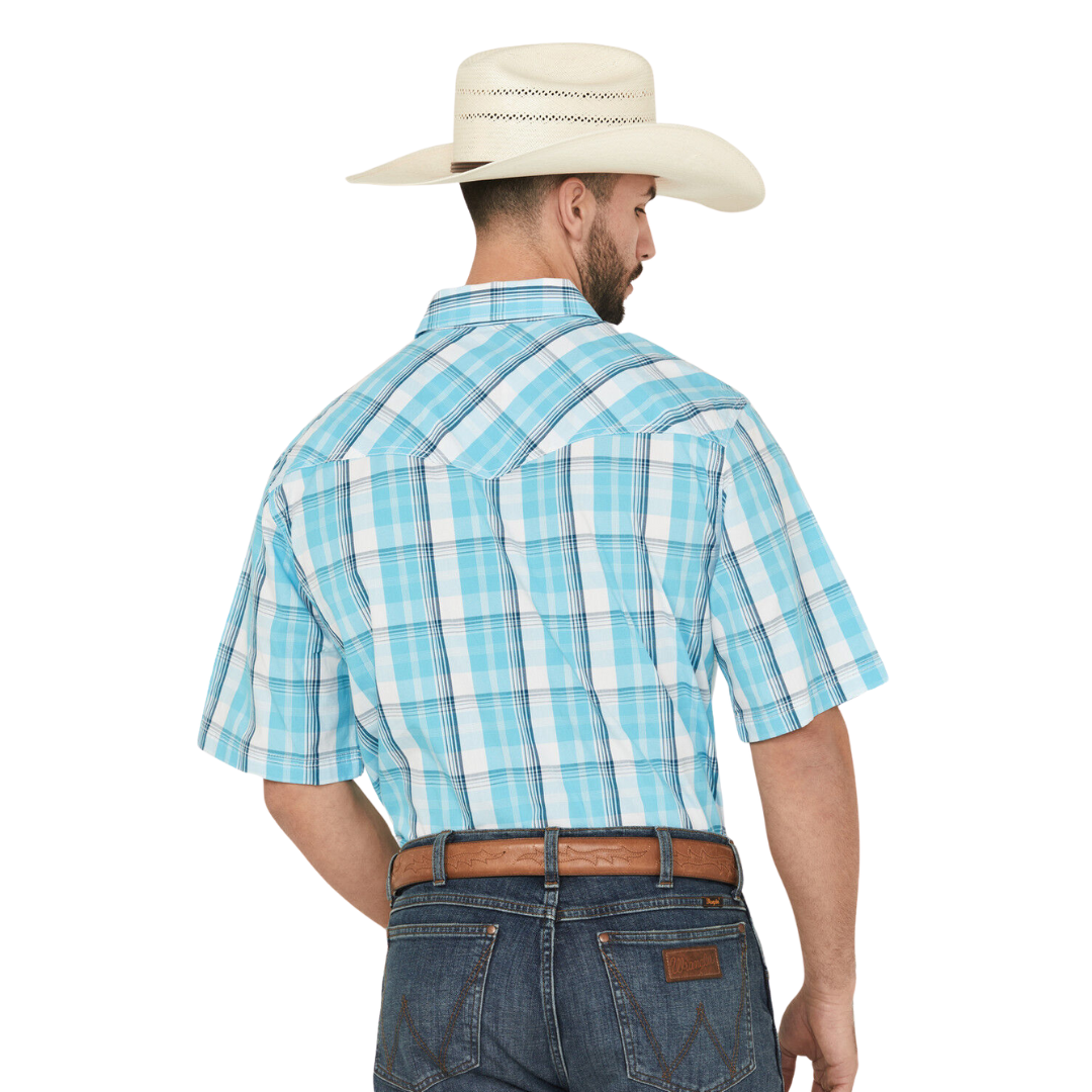Wrangler Men's Plaid Print Snap Stretch Turquoise Shirt