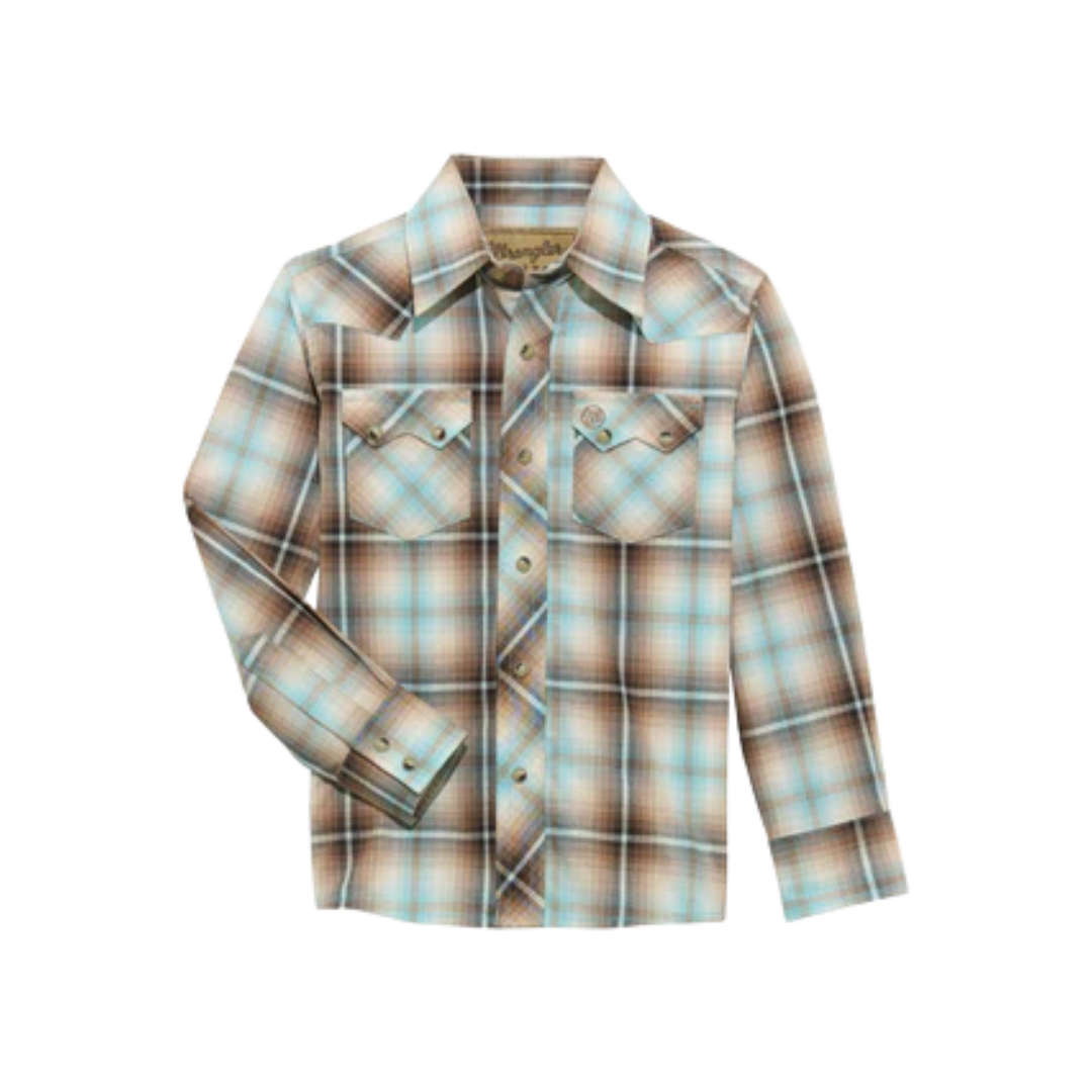 Wrangler Youth Boy's Classic Plaid Long Sleeve Brown Shirt