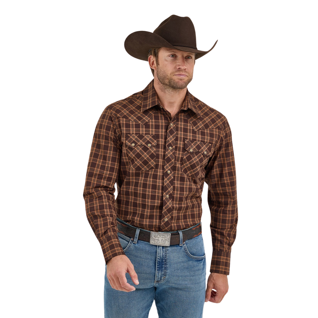 Wrangler Men's Retro Modern Fit Plaid Brown Shirt