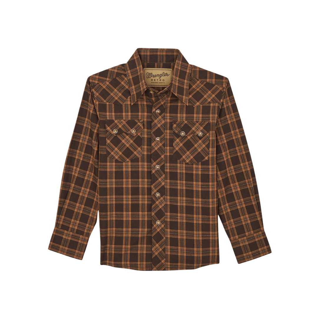 Wrangler Youth Boy's Long Sleeve Snap Brown Shirt