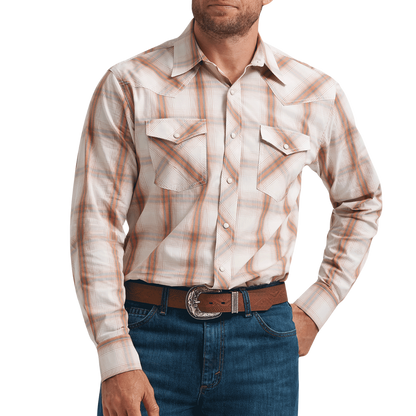 Wrangler Men’s Plaid Snap Cream Orange Shirt