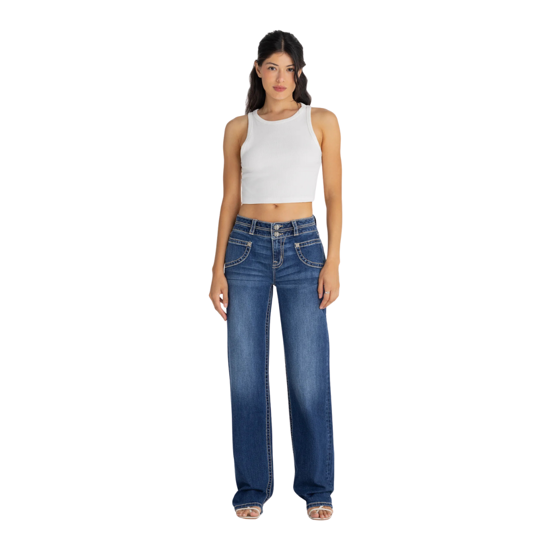 Miss Me Women's Nila Double Waist Slim Wide Blue Jeans