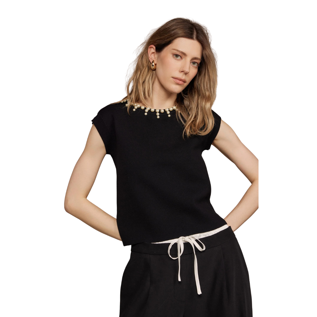 Strut And Bolt Women's Pearl Jeweled Trim Black Top