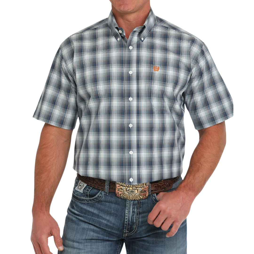 Cinch Men's Short Sleeve Plaid Western Blue Shirt
