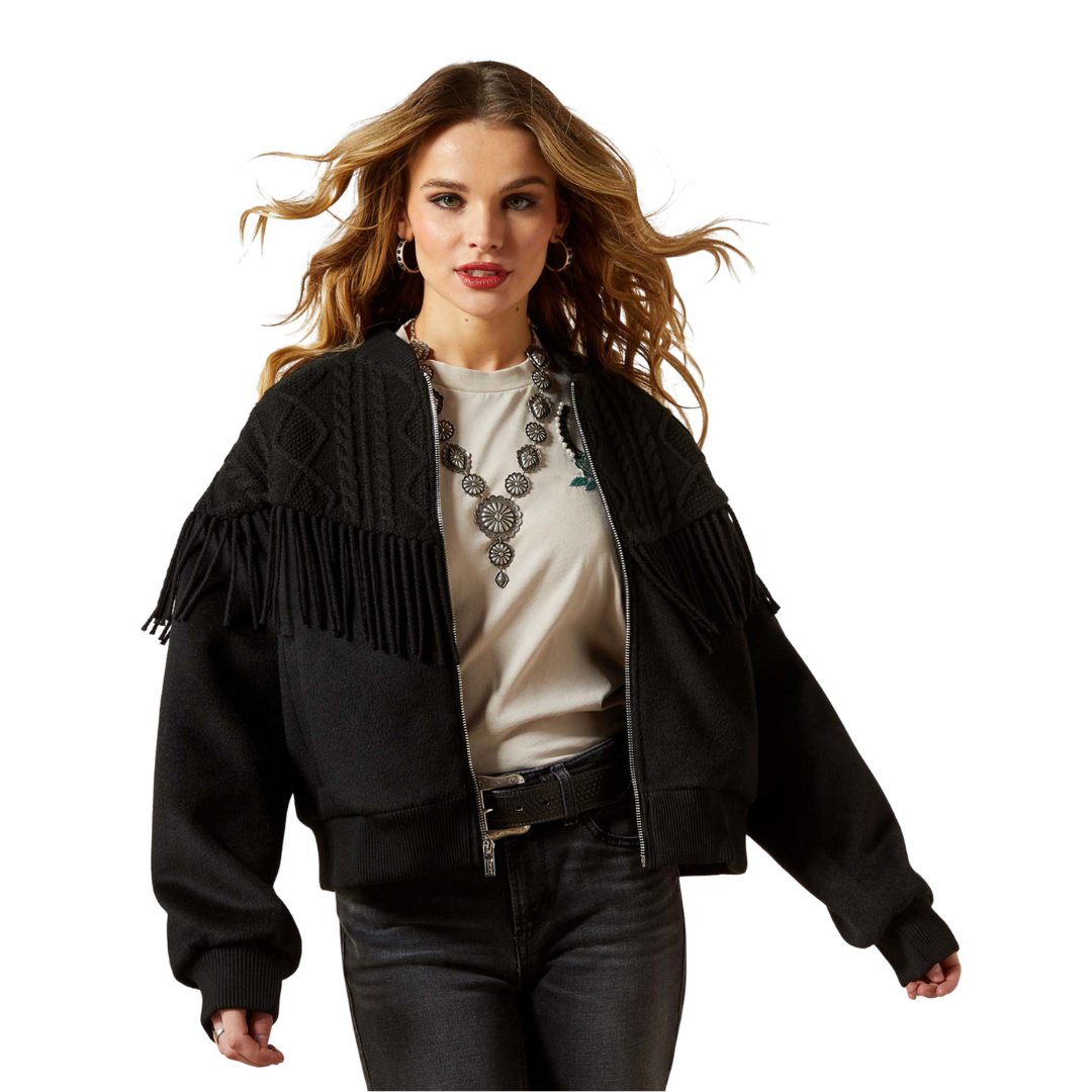 Ariat Women's Sweater Fringe Solid Zip Bomber Black Jacket