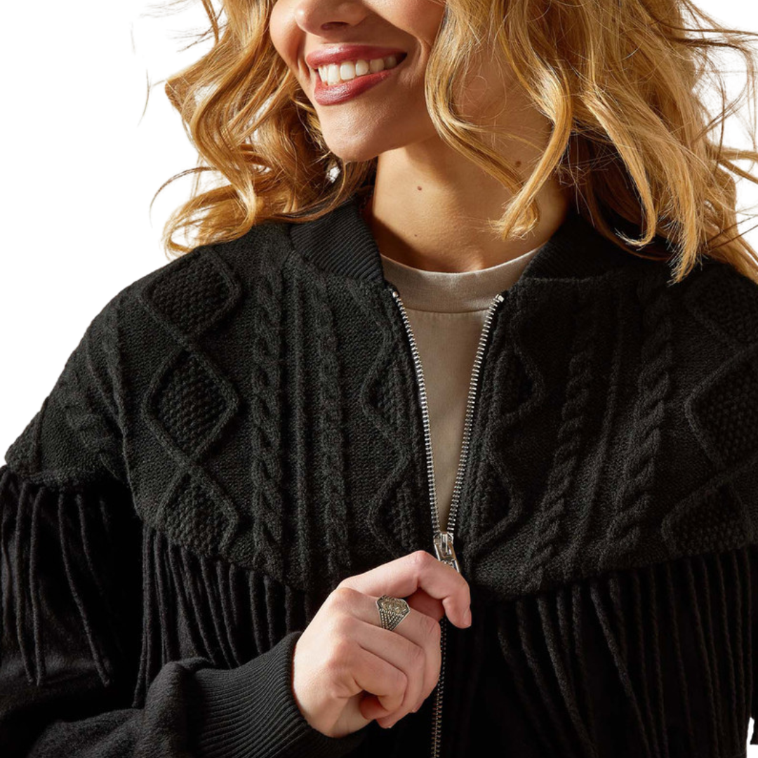Ariat Women's Sweater Fringe Solid Zip Bomber Black Jacket