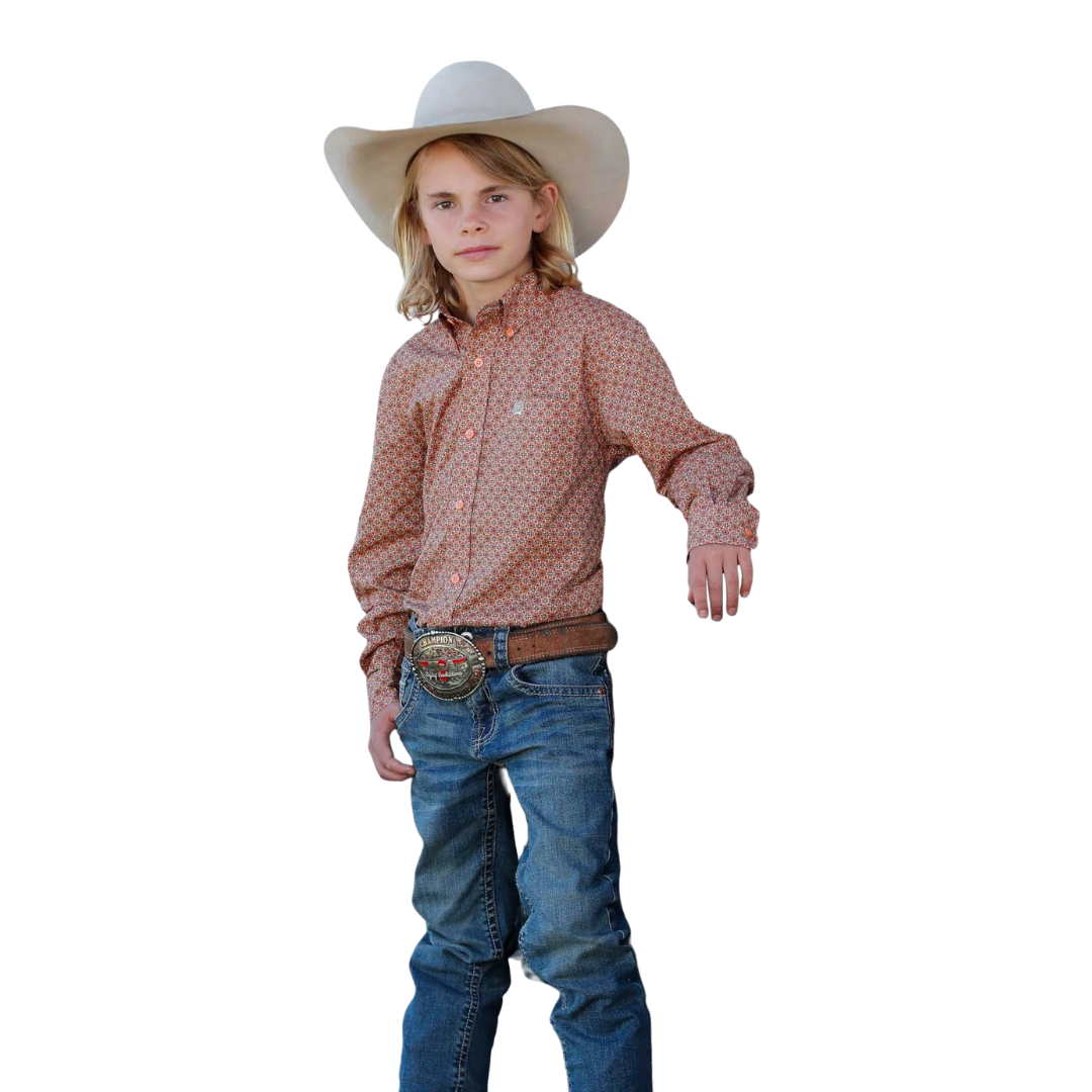 Cinch Youth Boy's Geo Print Button Coral Shirt