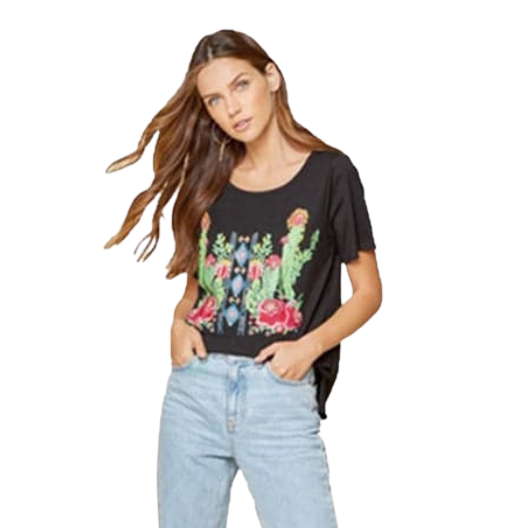 Andree Women's Cactus Graphic Design Black Tee Shirt