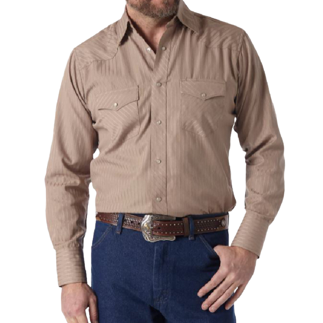 Wrangler Men's Long Sleeve Snap Dobby Stripe Tan Shirt