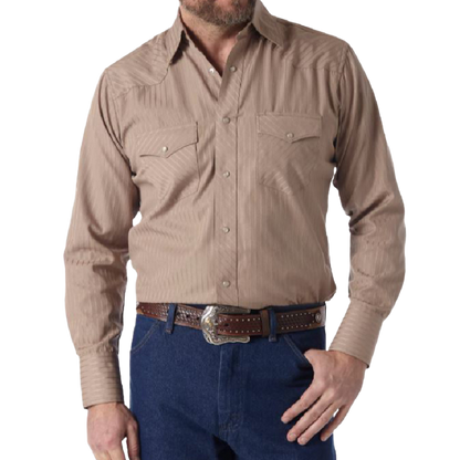 Wrangler Men's Long Sleeve Snap Dobby Stripe Tan Shirt