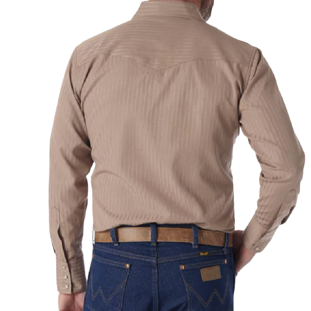 Wrangler Men's Long Sleeve Snap Dobby Stripe Tan Shirt