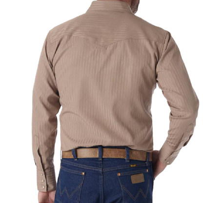 Wrangler Men's Long Sleeve Snap Dobby Stripe Tan Shirt
