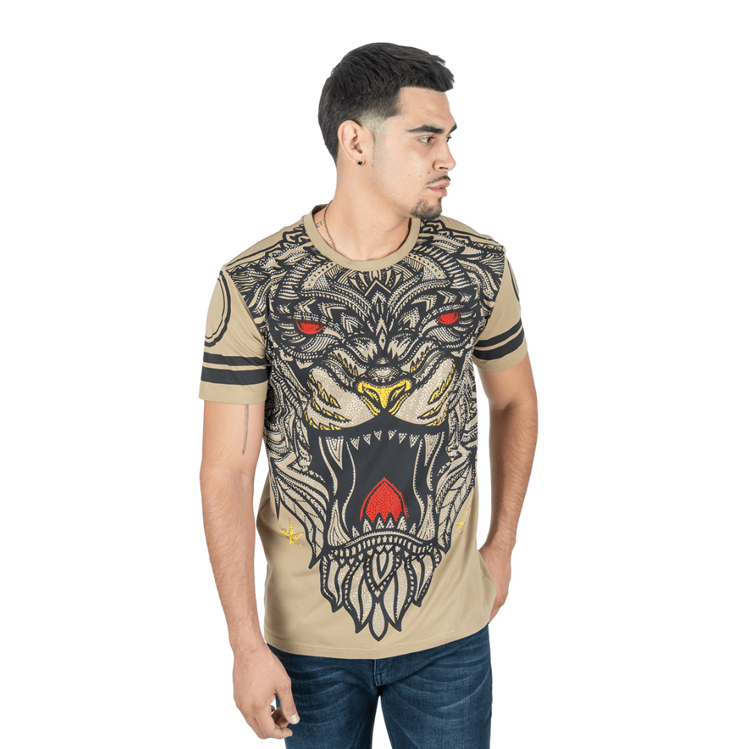 Platini Men's Cotton Rhinestone Khaki Tee Shirt