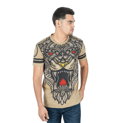 Platini Men's Cotton Rhinestone Khaki Tee Shirt