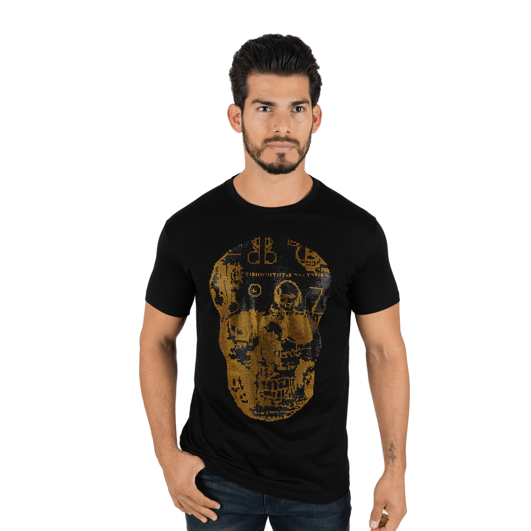 Platini Men's Round Neck Teal Cotton Rhinestone Black Tee Shirt