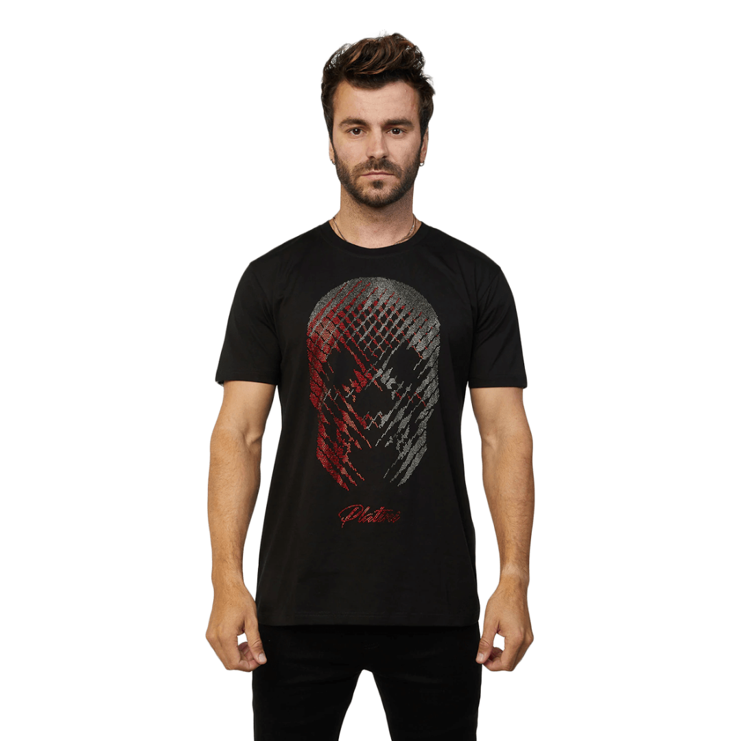 Platini Men's Cotton Rhinestone Original Print Black Tee Shirt
