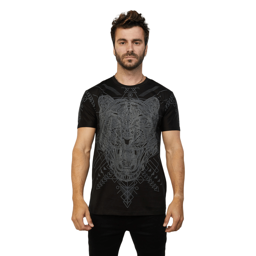 Platini Men's Rhinestone Relaxed Fit Black Tee Shirt