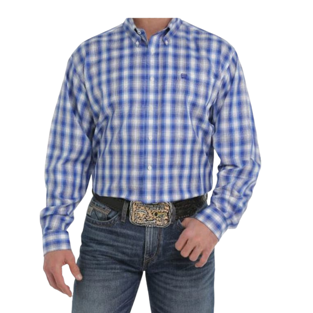 Cinch Men's Plaid Long Sleeve Blue Shirt