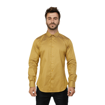 Platini Men's Monogram Digital Print Dress Mustard Shirt