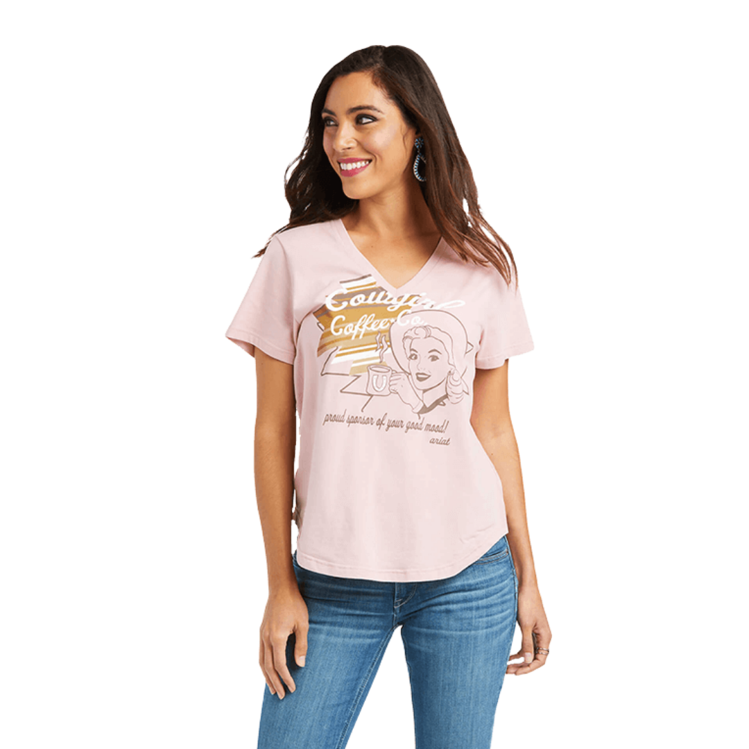 Ariat Women's Cowgirl Coffee Graphic Pink Tee Shirt