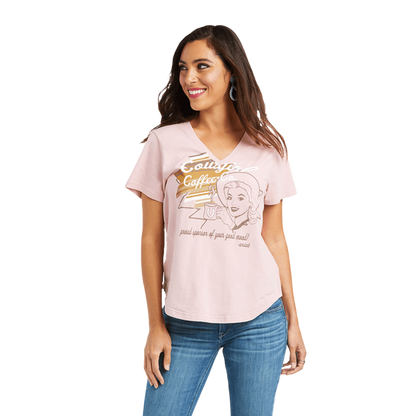 Ariat Women's Cowgirl Coffee Graphic Pink Tee Shirt