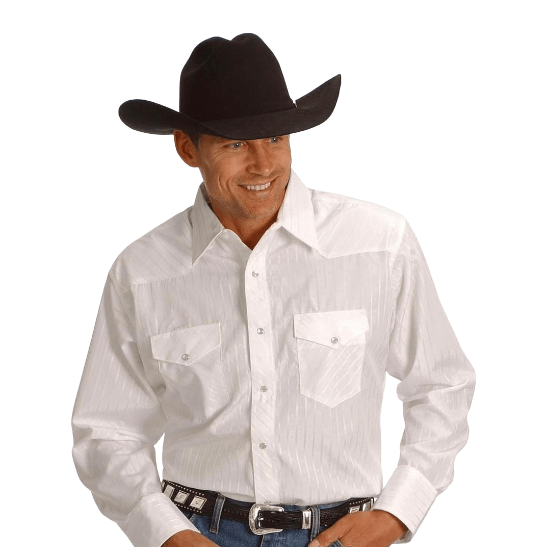 Wrangler Men's Long Sleeve Dobby Stripe Snap Tan Shirt