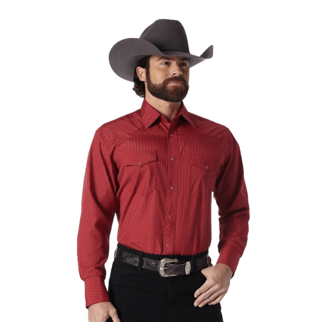 Wrangler Men's Long Sleeve Dobby Stripe Snap Wine Shirt