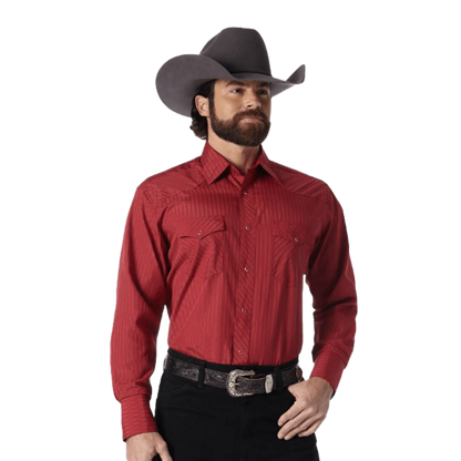 Wrangler Men's Long Sleeve Dobby Stripe Snap Wine Shirt