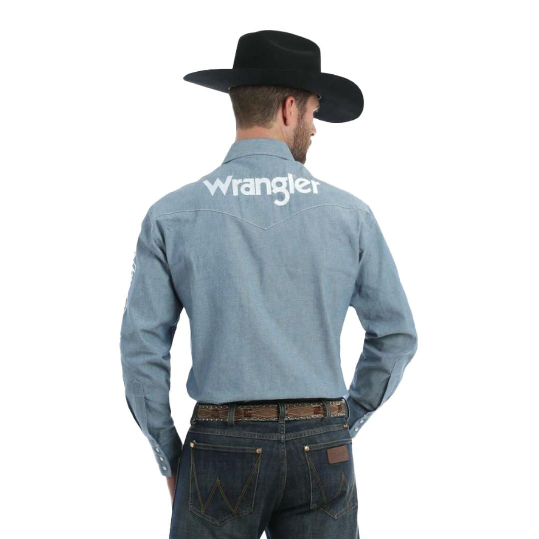 Wrangler Men’s Long Sleeve Button Down Logo Blue Shirt