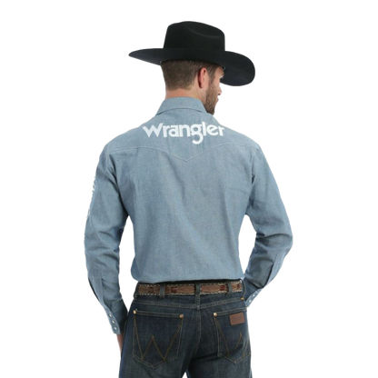 Wrangler Men’s Long Sleeve Button Down Logo Blue Shirt