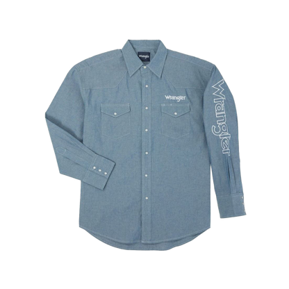 Wrangler Men’s Long Sleeve Button Down Logo Blue Shirt
