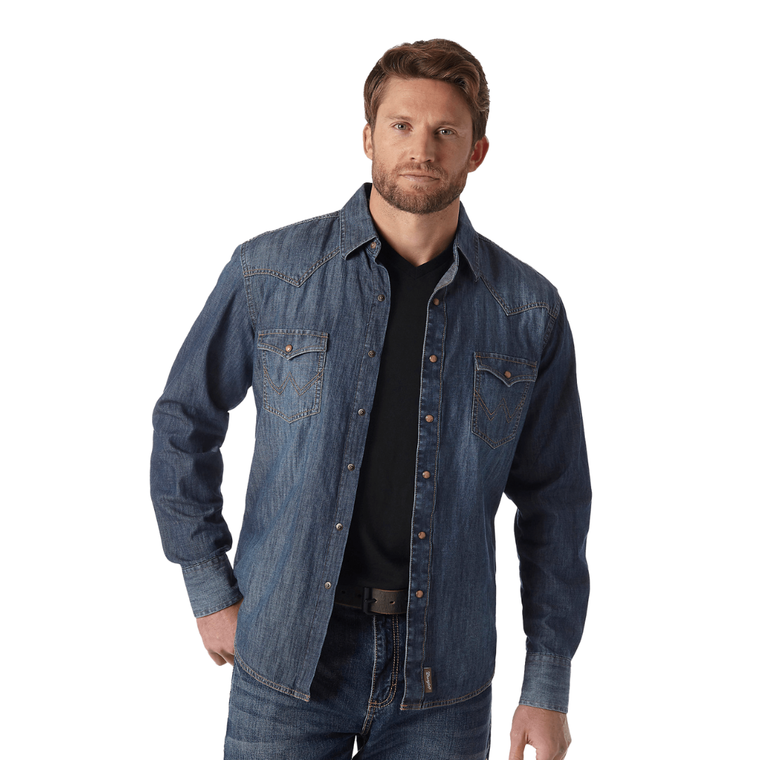 Wrangler Men's Retro Premium Denim Snap Blue Shirt