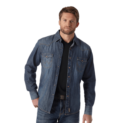 Wrangler Men's Retro Premium Denim Snap Blue Shirt