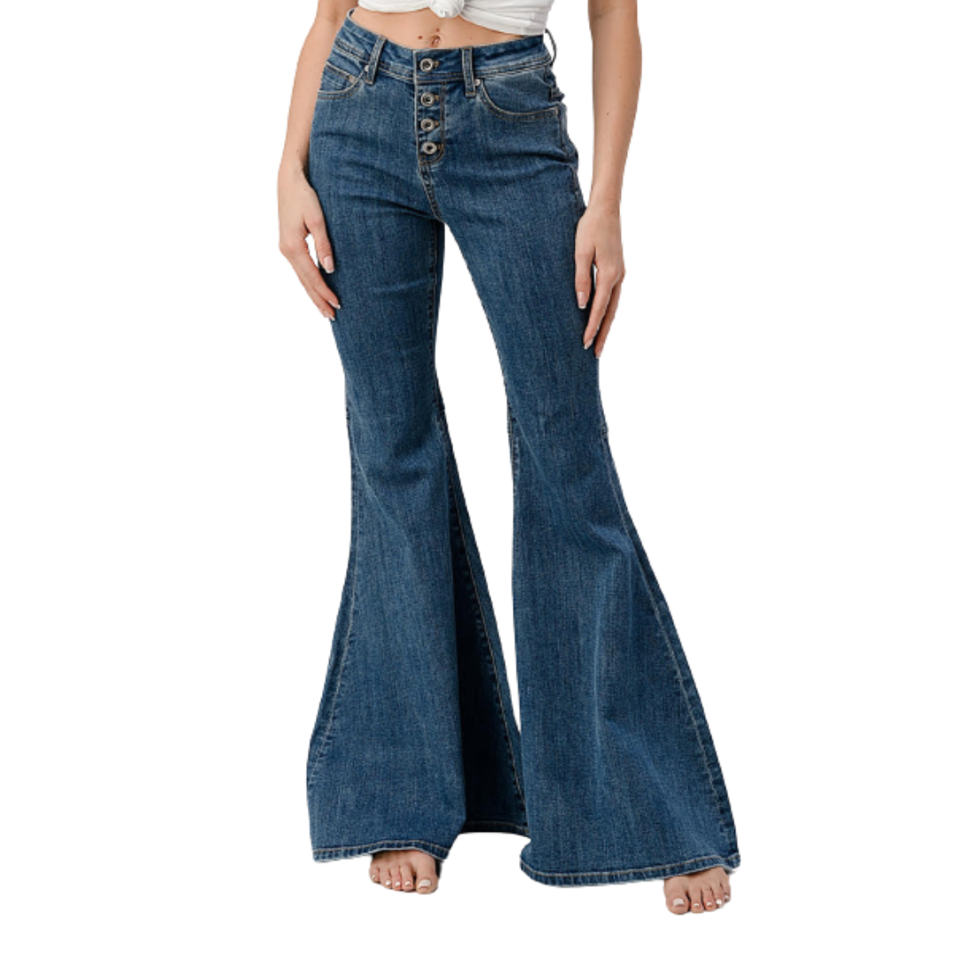 Grace In La Women's Mid Rise Flare Blue Jeans