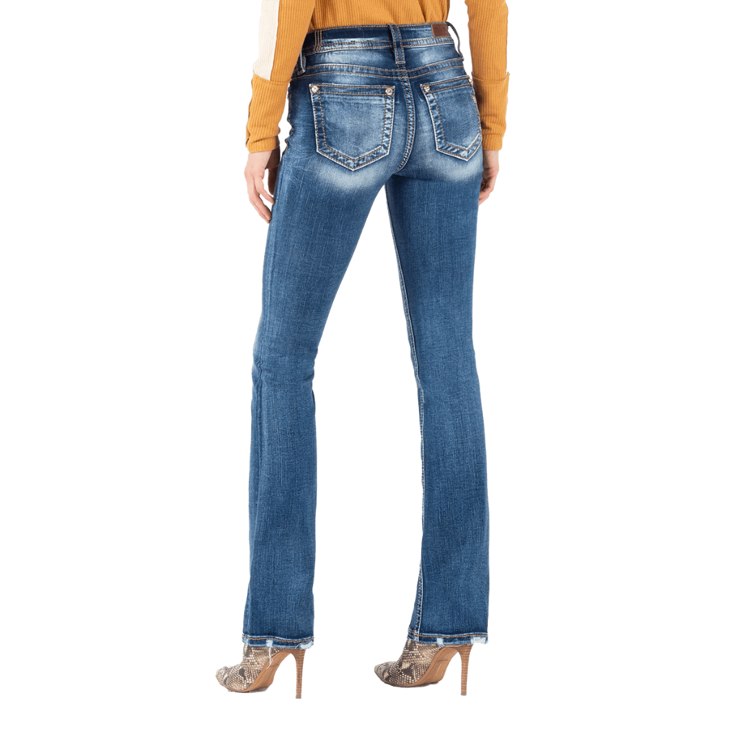 Miss Me Women's Heaven Wing Mid Rise Boot Cut Blue Jeans