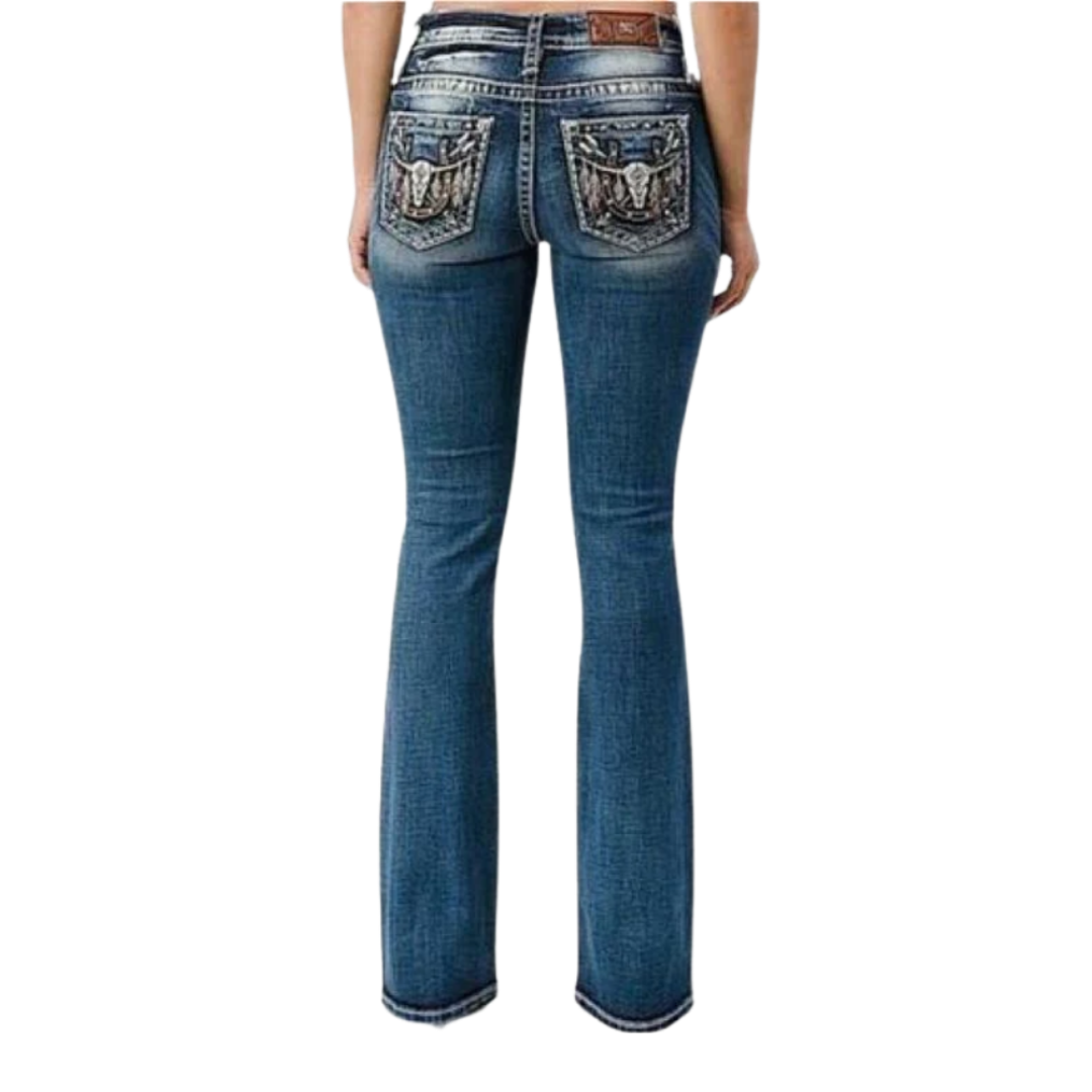 Miss Me Women's Dark Feathery Longhorn Bootcut Blue Jeans