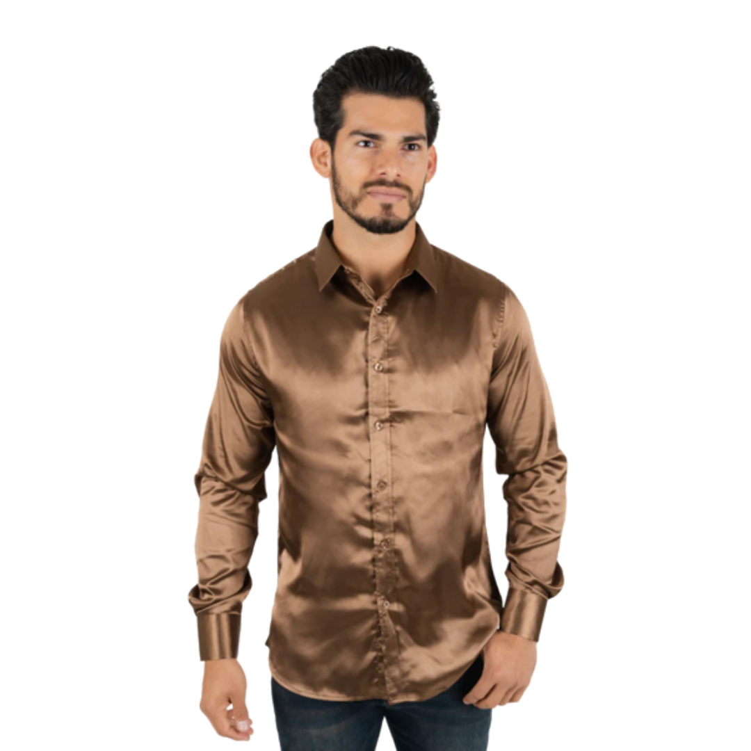 Platini Men's Satin Dress Brown Shirt