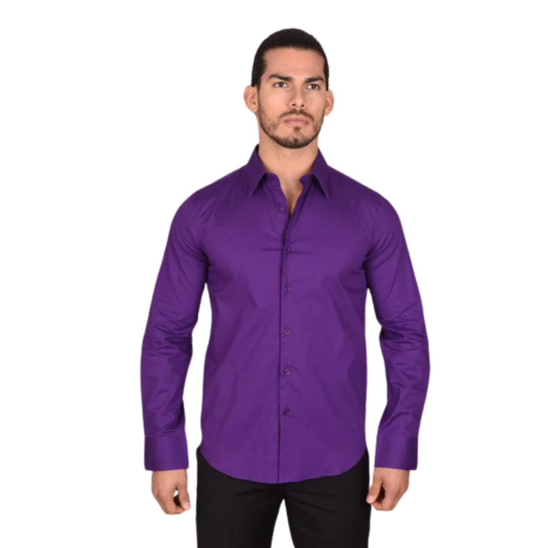 Platini Men's Classic Slim Fit Stretch Dress Purple Shirt