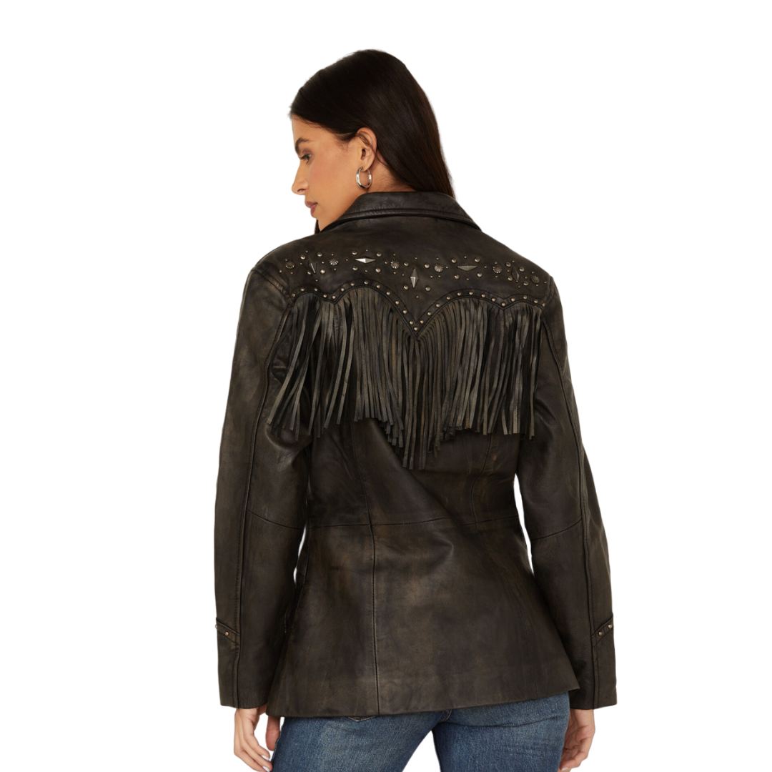 Sidran Women's Antique Studded Fringe Snap Black Jacket