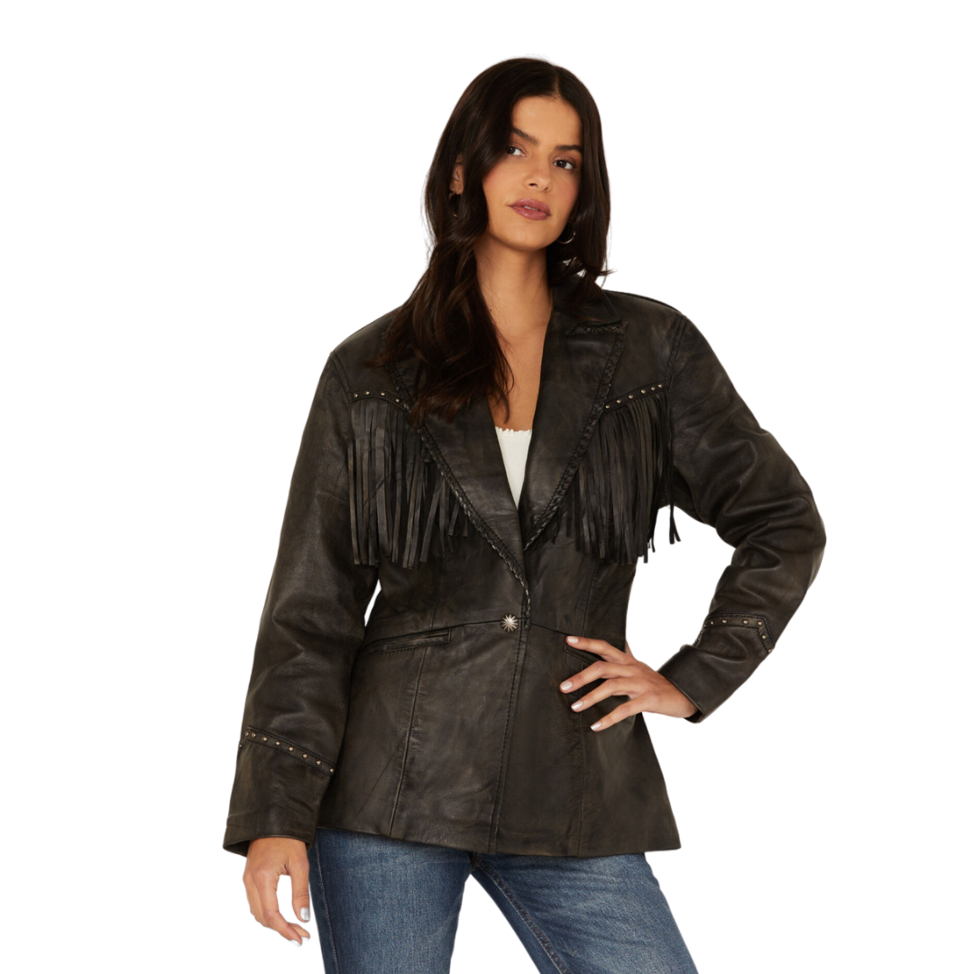 Sidran Women's Antique Studded Fringe Snap Black Jacket