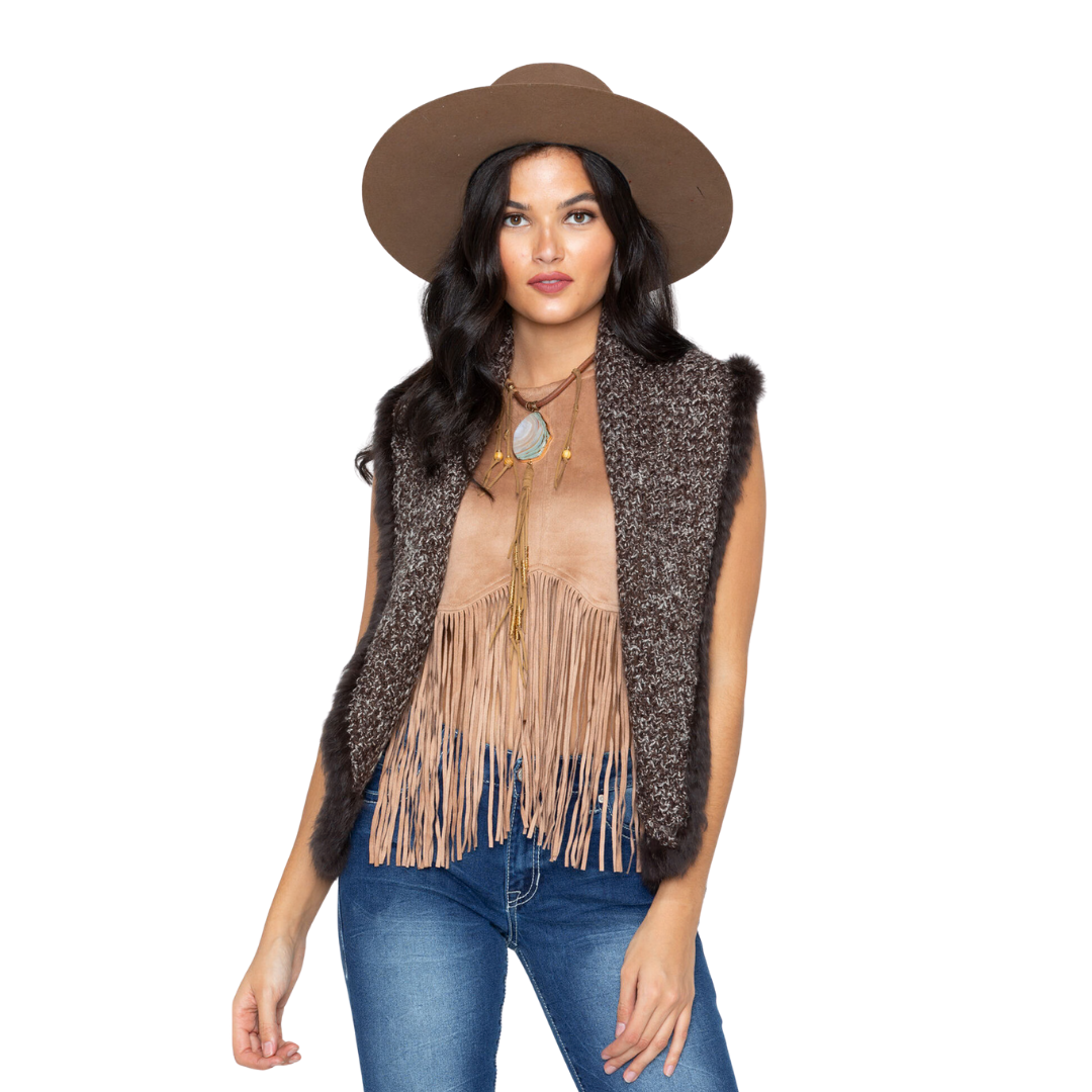 Sidran Women's Crochet Knit Rabbit Fur Trim Multicolor Vest
