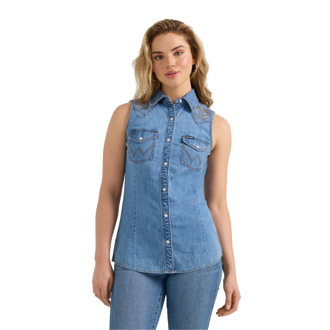 Wrangler Women's Embellished Denim Sleeveless Blue Shirt