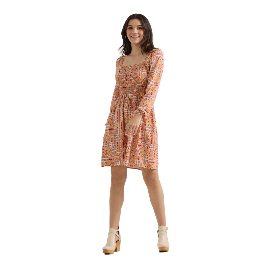 Wrangler Women's Smocked Bodice A-Line Orange Dress