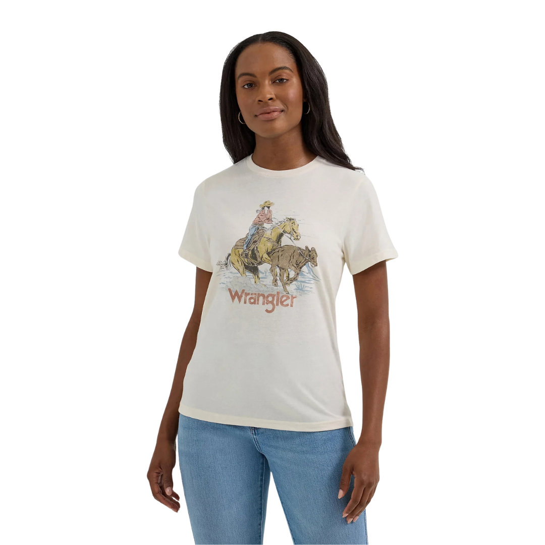 Wrangler Women's Logo Cowboy Regular Fit White Tee Shirt