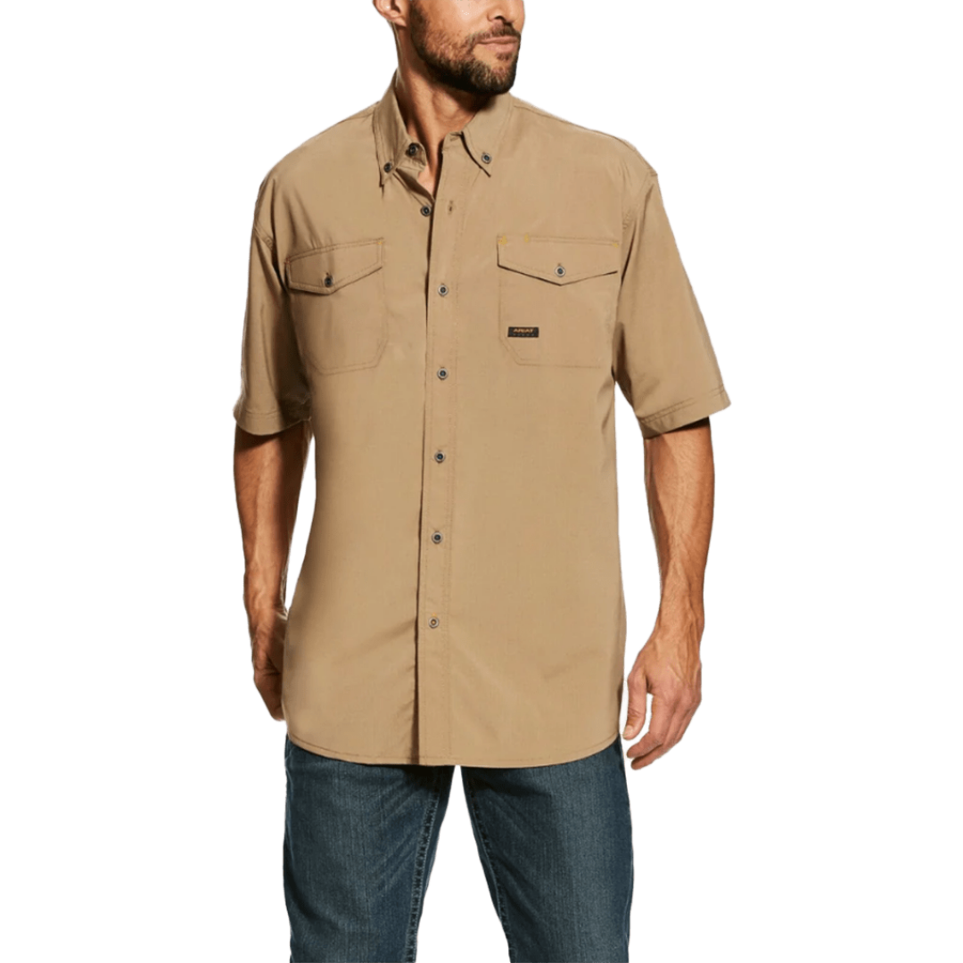 Ariat Men's Rebar Made Tough Venttek Short Sleeve Light Brown Shirt